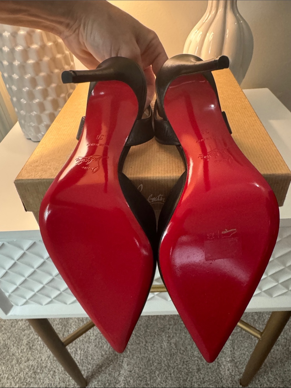 Christian Louboutin Black Leather Pointed Slingback Pumps with Red Sole - Picture 3 of 5